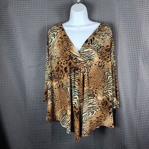 Investments II Womens 1X Animal Print Surplice V-Neck Empire Waist Blouse Brown